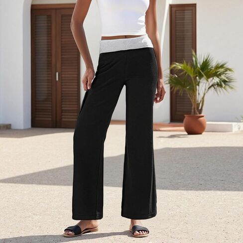 OAKFashion Womens Wide Leg Fold Over Flare Pants Casual Lounge Yoga Leggings Y2K Sweatpants Workout Stretch Bell Bottom in Saudi Arabia