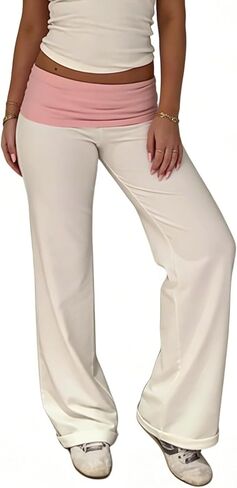 OAKFashion Womens Wide Leg Fold Over Flare Pants Casual Lounge Yoga Leggings Y2K Sweatpants Workout Stretch Bell Bottom in Saudi Arabia