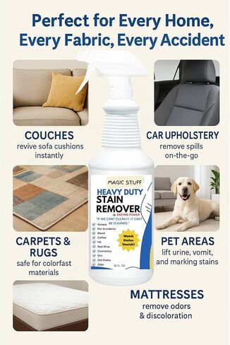 Magic Stuff Heavy Duty Stain Remover - Enzyme-Powered Carpet & Upholstery Cleaner - Eliminates Pet Urine, Odor, Wine, Coffee, Grease, and Deep Set Stains - No rinse, Odor Free, Kid & Pet Safe Formula in Saudi Arabia