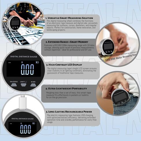 عجلة قياس رقمية قابلة لإعادة الشحن عبر USB بطول 652.8 قدم/199 متر قياس عالي الدقة مع شاشة LCD جهاز قياس المسافة الذكي المحمول للأسطح غير المنتظمة ذات القطر المسطح المنحني in Kuwait