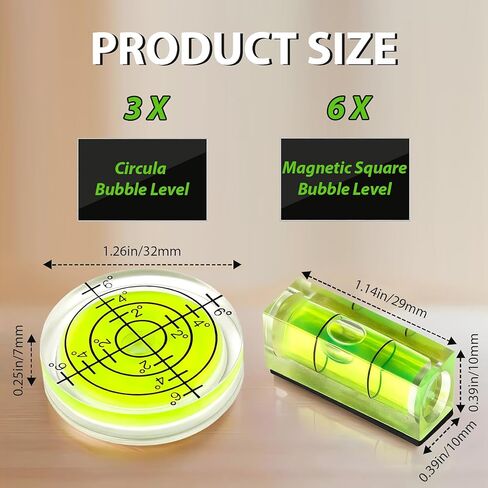 Auniwaig 9 Pcs Small Bubble Spirit Level, Mini Magnetic Square Bubble Levels, Circular Spirit Measuring Tools for Balancing Picture Hanging, Camera, Turntable, Tripod, Frame, Drill, 10x10x29mm, 32x7mm in Saudi Arabia