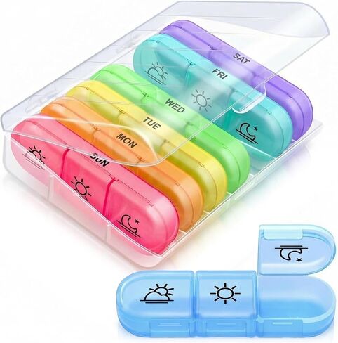Weekly 3 Times a Day Pill Organizer - Large 7 Day Medicine Planner with Separate Daily Containers, Clear Storage Case, Easy Open Lids, Travel Pill Box for Vitamins, Supplements & Medication, Rainbow in Saudi Arabia
