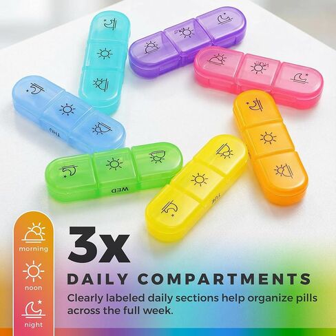 Weekly 3 Times a Day Pill Organizer - Large 7 Day Medicine Planner with Separate Daily Containers, Clear Storage Case, Easy Open Lids, Travel Pill Box for Vitamins, Supplements & Medication, Rainbow in Saudi Arabia
