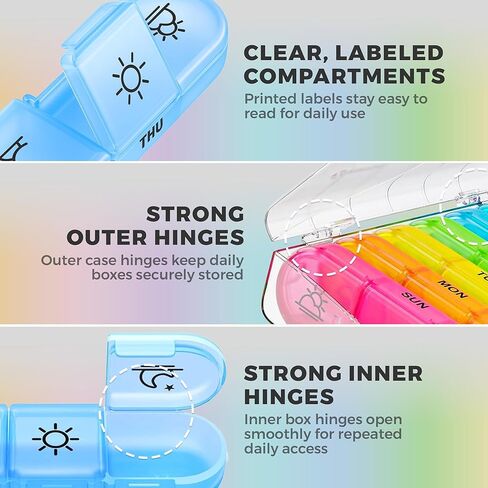 Weekly 3 Times a Day Pill Organizer - Large 7 Day Medicine Planner with Separate Daily Containers, Clear Storage Case, Easy Open Lids, Travel Pill Box for Vitamins, Supplements & Medication, Rainbow in Saudi Arabia
