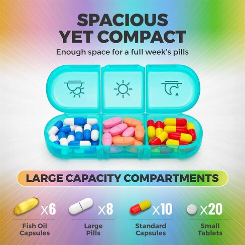 Weekly 3 Times a Day Pill Organizer - Large 7 Day Medicine Planner with Separate Daily Containers, Clear Storage Case, Easy Open Lids, Travel Pill Box for Vitamins, Supplements & Medication, Rainbow in Saudi Arabia