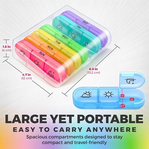 Weekly 3 Times a Day Pill Organizer - Large 7 Day Medicine Planner with Separate Daily Containers, Clear Storage Case, Easy Open Lids, Travel Pill Box for Vitamins, Supplements & Medication, Rainbow in Saudi Arabia