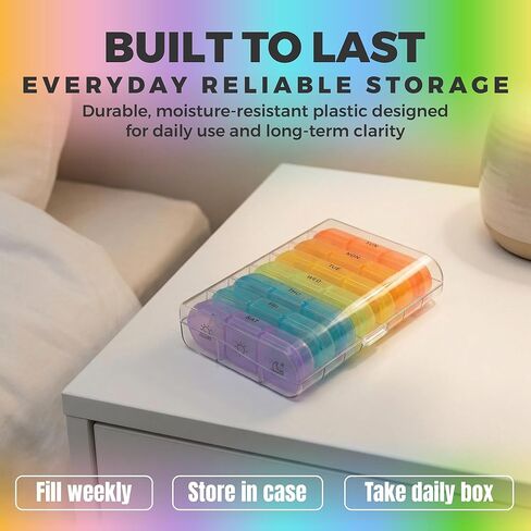 Weekly 3 Times a Day Pill Organizer - Large 7 Day Medicine Planner with Separate Daily Containers, Clear Storage Case, Easy Open Lids, Travel Pill Box for Vitamins, Supplements & Medication, Rainbow in Saudi Arabia