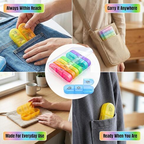 Weekly 3 Times a Day Pill Organizer - Large 7 Day Medicine Planner with Separate Daily Containers, Clear Storage Case, Easy Open Lids, Travel Pill Box for Vitamins, Supplements & Medication, Rainbow in Saudi Arabia