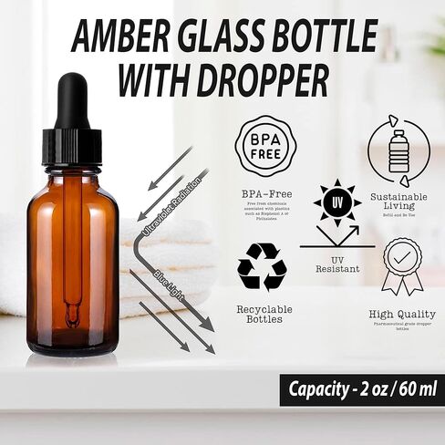 (عبوتان) - زجاجات قطارة زجاجية كهرمانية سعة 2 أونصة مع قطارات زجاجية مدببة - زجاجات بوسطن مستديرة من زجاج العنبر سعة 60 مل مع قطارة عين زجاجية - زجاجة زيوت أساسية سميكة مانعة للتسرب للتخزين والسفر in Kuwait