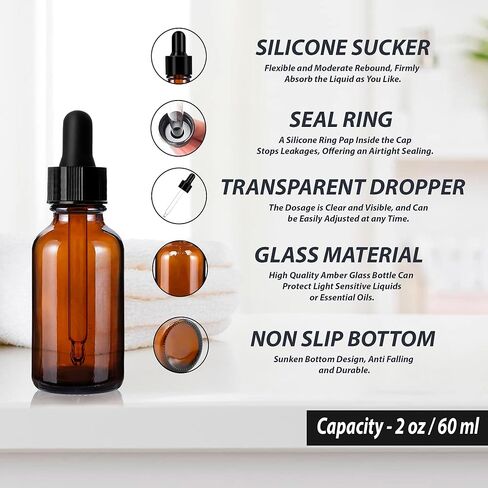 (عبوتان) - زجاجات قطارة زجاجية كهرمانية سعة 2 أونصة مع قطارات زجاجية مدببة - زجاجات بوسطن مستديرة من زجاج العنبر سعة 60 مل مع قطارة عين زجاجية - زجاجة زيوت أساسية سميكة مانعة للتسرب للتخزين والسفر in Kuwait