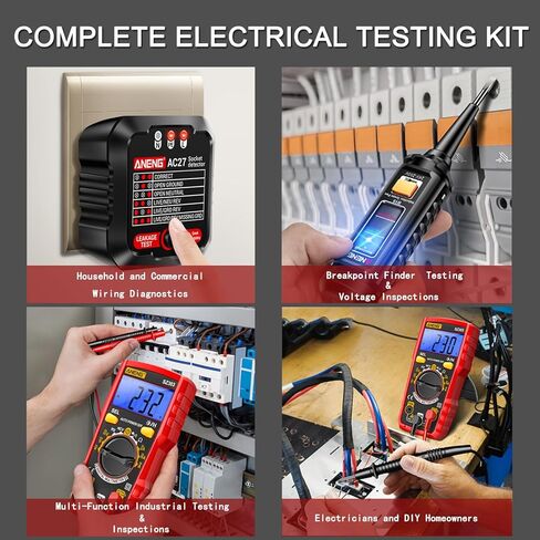 طقم اختبار كهربائي مزود بمقياس رقمي متعدد، جهاز اختبار جهد عدم التلامس، جهاز اختبار المخرج، نطاق جهد التيار المتردد/التيار المستمر، التيار، الاستمرارية، المقاومة، التردد، مكتشف نقطة التوقف، أدوات منزلية يمكنك صنعها بنفسك in Kuwait