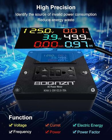 20A AC Power Meter, 125V LCD Display Digital Multimeter Tester, NEMA 5-15P to NEMA 5-20R Outlet Monitor with 6.56FT 12AWG Cable, Multifunction Energy Monitor Voltage Current Frequency Power Factor in Saudi Arabia