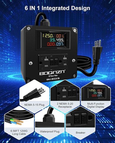 20A AC Power Meter, 125V LCD Display Digital Multimeter Tester, NEMA 5-15P to NEMA 5-20R Outlet Monitor with 6.56FT 12AWG Cable, Multifunction Energy Monitor Voltage Current Frequency Power Factor in Saudi Arabia