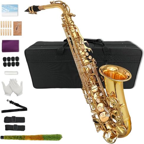 Yinfente Eb Alto Saxophone For Beginners Adult,Saxophone Student,E Flat Alto Sax Full Kit With Reeds,Pads Cushions,Hard Carrying Case,Cleaning Cloth & Rod,Mouthpiece,Gloves,Neck Strap Gold in Saudi Arabia