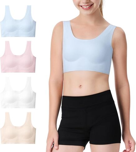Booph Girls Training Bras Kids Seamless Bra Longline Crop No Pads Indwear for Teen Girl Sports 9-14y 4 packs in Saudi Arabia