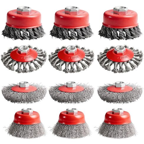 12 PCS Wire Wheel Brush for 4-1/2" Angle Grinder , 3" & 4" Carbon Steel Knotted /Crimped Wheels, 5/8"-11 UNC Threaded Arbor for Rust/Paint/Corrosion Removal & Polishing in Kuwait