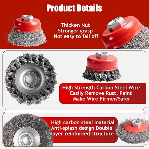 12 PCS Wire Wheel Brush for 4-1/2" Angle Grinder , 3" & 4" Carbon Steel Knotted /Crimped Wheels, 5/8"-11 UNC Threaded Arbor for Rust/Paint/Corrosion Removal & Polishing in Kuwait