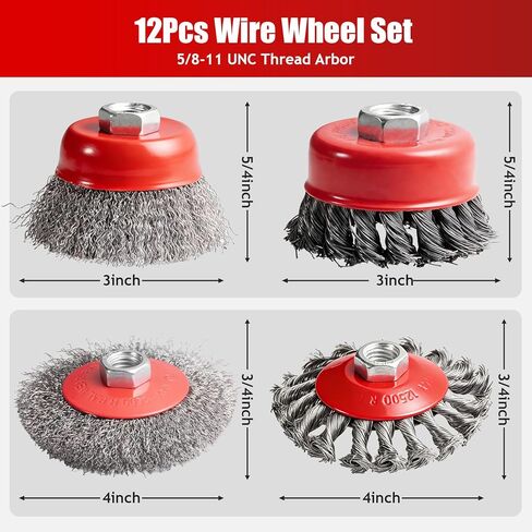 12 PCS Wire Wheel Brush for 4-1/2" Angle Grinder , 3" & 4" Carbon Steel Knotted /Crimped Wheels, 5/8"-11 UNC Threaded Arbor for Rust/Paint/Corrosion Removal & Polishing in Kuwait