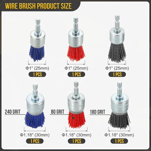DTGN Wire Pen Cup Brush Set for Drill - 6 Pcs - Coarse Nylon Crimping Drill Wire Brush(0.05" Wire Size) - 1/4 Inch Hex Shank - Good for Cleaning Rust Paint Abrasive(1-1.18" Dia.) in Saudi Arabia