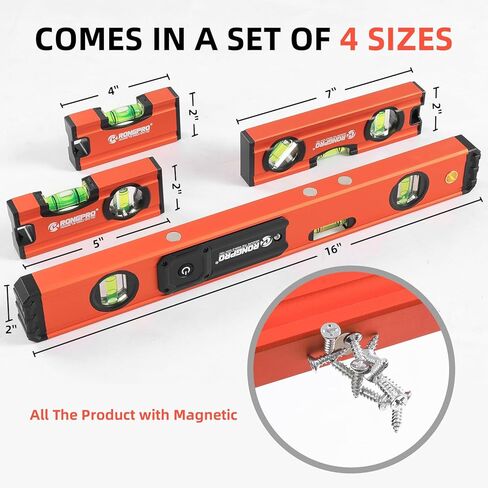 مجموعة مستويات طوربيد مكونة من 4 قطع، مستوى ضوء 16 بوصة مع مقياس علوي، مستوى روح مغناطيسي من سبائك الألومنيوم متضمن 16 بوصة، 7 بوصة، 5 بوصة، 4 بوصة مستوى مع فقاعات 180 درجة/90 درجة/45 درجة، شفاف، أخضر in Kuwait