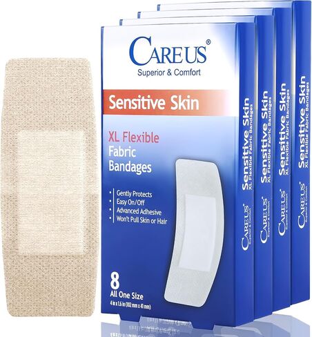 ضمادات لاصقة من السيليكون من CareUs للبشرة الحساسة، 1.6 × 4 بوصة، 32 قطعة كبيرة من القماش المرن، خالية من اللاتكس، ضمادات قابلة للتنفس ومضادة للحساسية لجروح الحساسية اللاصقة in Kuwait