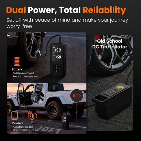P10 Tire Inflator Portable Air Compressor,33s Fast Inflation,20" Hose,150PSI Cordless Pump with Dual Power Supply,Digital Gauge,Auto Shut-Off for Car,Truck, Bike, Ball in Saudi Arabia