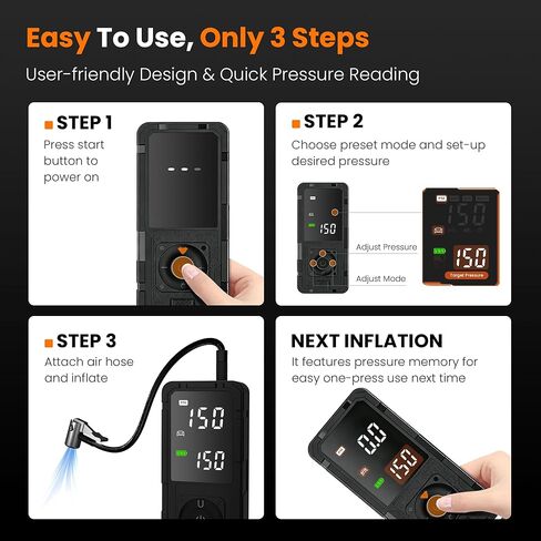 P10 Tire Inflator Portable Air Compressor,33s Fast Inflation,20" Hose,150PSI Cordless Pump with Dual Power Supply,Digital Gauge,Auto Shut-Off for Car,Truck, Bike, Ball in Saudi Arabia