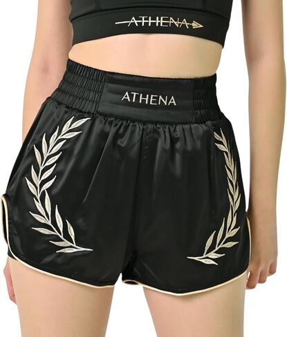 شورت أثينا Muay Thai باللون الأسود والذهبي للسيدات مع لباس ضيق مضغوط آمن. تدريب المواي تاي كيك بوكسينغ in Kuwait