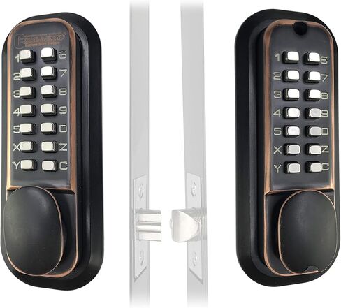 قفل باب مزلاج ميكانيكي بدون مفتاح من JOUNJIP [مغزل مسطح] - لوحات مفاتيح مزدوجة الجوانب للبوابات والأسوار والنوافذ - لا توجد بطارية ولا حاجة إلى طاقة (برونز مطلي بالزيت) - ليس مسمارًا مميتًا in Kuwait