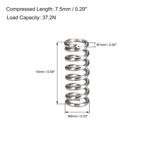 Compression Spring,304 Stainless Steel,6mm OD,1mm Wire Size,7.5mm Compressed Length,15mm Free,37.2N Load Capacity,Silver Tone,10pcs in Saudi Arabia