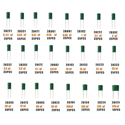 740 قطعة 24 قيمة مجموعة متنوعة من مكثفات طبقة بوليستر مايلر المعدنية 0.22nF - 470nF 100V in Kuwait