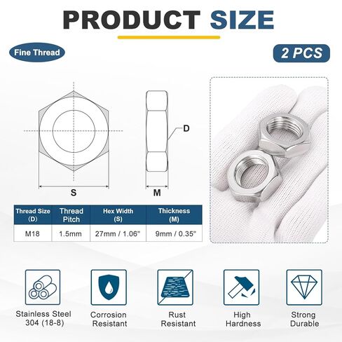 MECCANIXITY M18x1.5mm صواميل سداسية، قطعتان 304 من الفولاذ المقاوم للصدأ متري بخيط رفيع مسدس قفل صواميل للاستخدام الصناعي للسيارات، 27 مم / 1.06 بوصة عرض 9 مم / 0.35 بوصة ارتفاع in Saudi Arabia