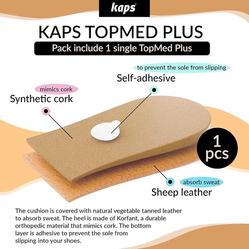 1 x Heel Raise, Heel Lift Elevator, Heel Pad, Orthotic Wedge, Many Widths and Heights, Leather Cover, Kaps Topmed Plus, Supplied to NHS, 1 Piece (Height 5 mm / 0.2 inch - size S) in Kuwait