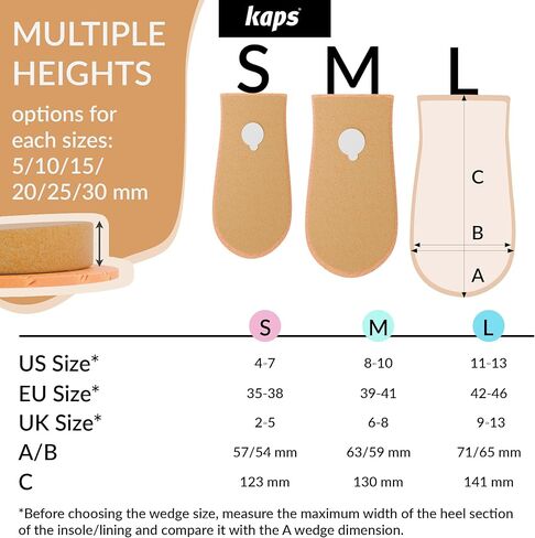 1 x Heel Raise, Heel Lift Elevator, Heel Pad, Orthotic Wedge, Many Widths and Heights, Leather Cover, Kaps Topmed Plus, Supplied to NHS, 1 Piece (Height 5 mm / 0.2 inch - size S) in Kuwait