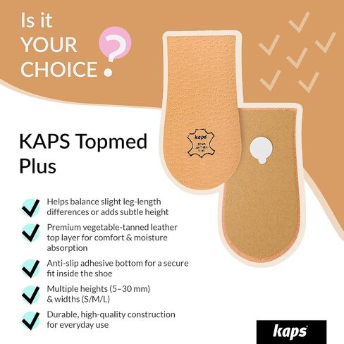 1 x Heel Raise, Heel Lift Elevator, Heel Pad, Orthotic Wedge, Many Widths and Heights, Leather Cover, Kaps Topmed Plus, Supplied to NHS, 1 Piece (Height 5 mm / 0.2 inch - size S) in Kuwait