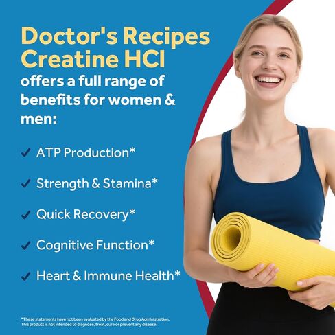 كبسولات كرياتين حمض الهيدروكلوريك من Doctor's Recipes، 750 مجم، هيدروكلوريد الكرياتين للنساء والرجال، القوة والتعافي، صحة الدماغ، سريع الامتصاص، نباتي، 90 كبسولة in Kuwait