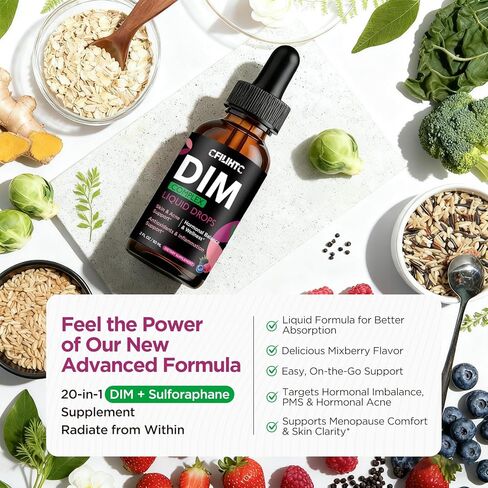 مكمل قطرات سائلة من DIM للنساء - تناغم الهرمونات للنساء ومكملات حب الشباب مع الفيتامينات المتعددة والإينوزيتول والسلفورفان - توازن الهرمونات، دعم البشرة والمزاج الشفاف، نكهة التوت المختلطة 2 أونصة سائلة in Kuwait