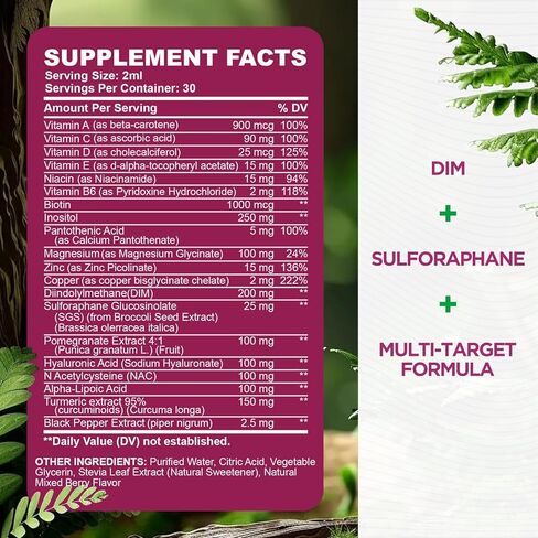 مكمل قطرات سائلة من DIM للنساء - تناغم الهرمونات للنساء ومكملات حب الشباب مع الفيتامينات المتعددة والإينوزيتول والسلفورفان - توازن الهرمونات، دعم البشرة والمزاج الشفاف، نكهة التوت المختلطة 2 أونصة سائلة in Kuwait