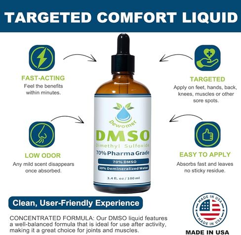 DMSO Liquid 70% with Demineralized Water 30%, Dimethyl Sulfoxide for Joint & Muscle, Low Odor, Fast Absorbing, 3.4 fl oz Glass Dropper Bottle in Kuwait