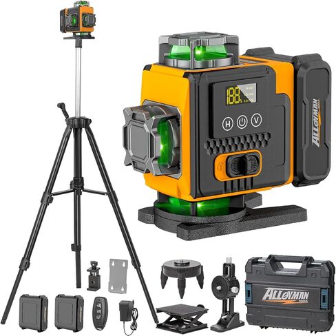 Alloyman Laser Level 360 Self Leveling مع حامل ثلاثي القوائم، 16 خطًا ليزر أخضر 4x360 درجة أداة تسوية الليزر، مستوى ليزر 4D لتعليق الصور والبناء، يتضمن دعامة مغناطيسية قوية in Kuwait