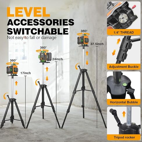 Alloyman Laser Level 360 Self Leveling مع حامل ثلاثي القوائم، 16 خطًا ليزر أخضر 4x360 درجة أداة تسوية الليزر، مستوى ليزر 4D لتعليق الصور والبناء، يتضمن دعامة مغناطيسية قوية in Kuwait