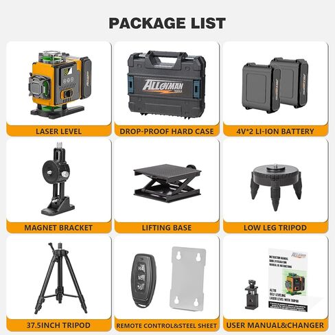 Alloyman Laser Level 360 Self Leveling مع حامل ثلاثي القوائم، 16 خطًا ليزر أخضر 4x360 درجة أداة تسوية الليزر، مستوى ليزر 4D لتعليق الصور والبناء، يتضمن دعامة مغناطيسية قوية in Kuwait