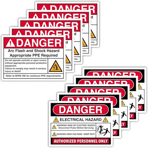10-Pack: 5 Arc Flash & 5 Electrical Hazard Signs – NFPA 70E Labels – 4.13" x 5.83" Polypropylene Stickers with Glossy Lamination – Waterproof Decals for Electrical Panels & Breaker Boxes in Saudi Arabia