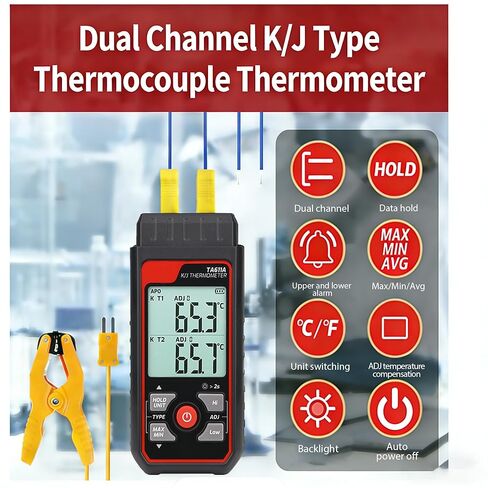 Thermocouple Thermometer, Digital Dual-Channel Thermometer(-328°F ~ 2501°F) with 1 HVAC Temperature Clamp and 2 Wired Thermocouple Probes, HVAC Temperature Meter with ADJ Compensation for K/J Type in Kuwait