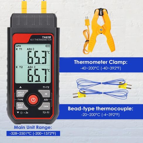 Thermocouple Thermometer, Digital Dual-Channel Thermometer(-328°F ~ 2501°F) with 1 HVAC Temperature Clamp and 2 Wired Thermocouple Probes, HVAC Temperature Meter with ADJ Compensation for K/J Type in Kuwait
