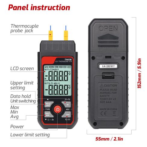 Thermocouple Thermometer, Digital Dual-Channel Thermometer(-328°F ~ 2501°F) with 1 HVAC Temperature Clamp and 2 Wired Thermocouple Probes, HVAC Temperature Meter with ADJ Compensation for K/J Type in Kuwait