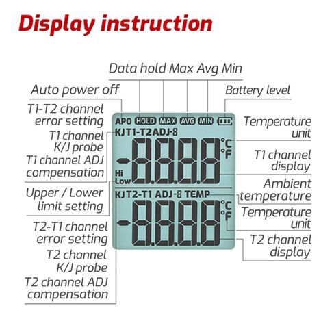 Thermocouple Thermometer, Digital Dual-Channel Thermometer(-328°F ~ 2501°F) with 1 HVAC Temperature Clamp and 2 Wired Thermocouple Probes, HVAC Temperature Meter with ADJ Compensation for K/J Type in Kuwait
