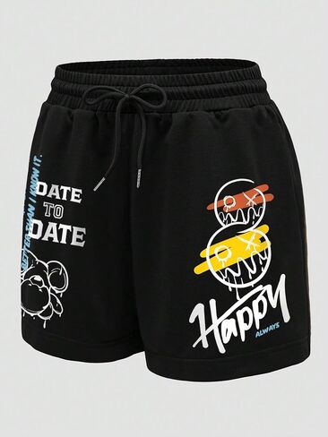 WDIRARA Women's Plus Size Cartoon Letter Graphic Drawstring Elastic Waist Trendy Track Shorts with Pockets in Saudi Arabia