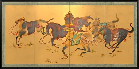 Red Lantern Love Birds on Traditional Gold Leaf Folding Silk Screen, 36" x 72" in Kuwait