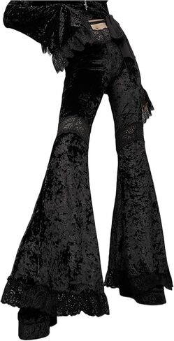 FEOYA Gothic Black Lace Flare Pants for Women Elastic Waist Victorian Bell Bottoms Mesh Punk Disco Pant in Saudi Arabia
